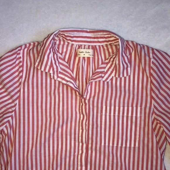 Cotton White Red Stripe Short Sleeve Button Blouse Top - Picture 2 of 5